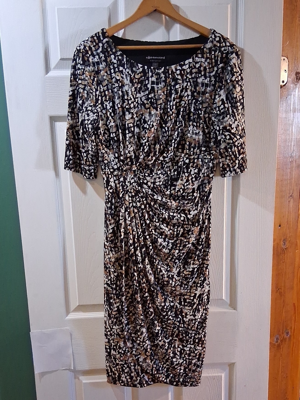 connected apparel Black, Beige & White Ruched Midi Dress Stretchy